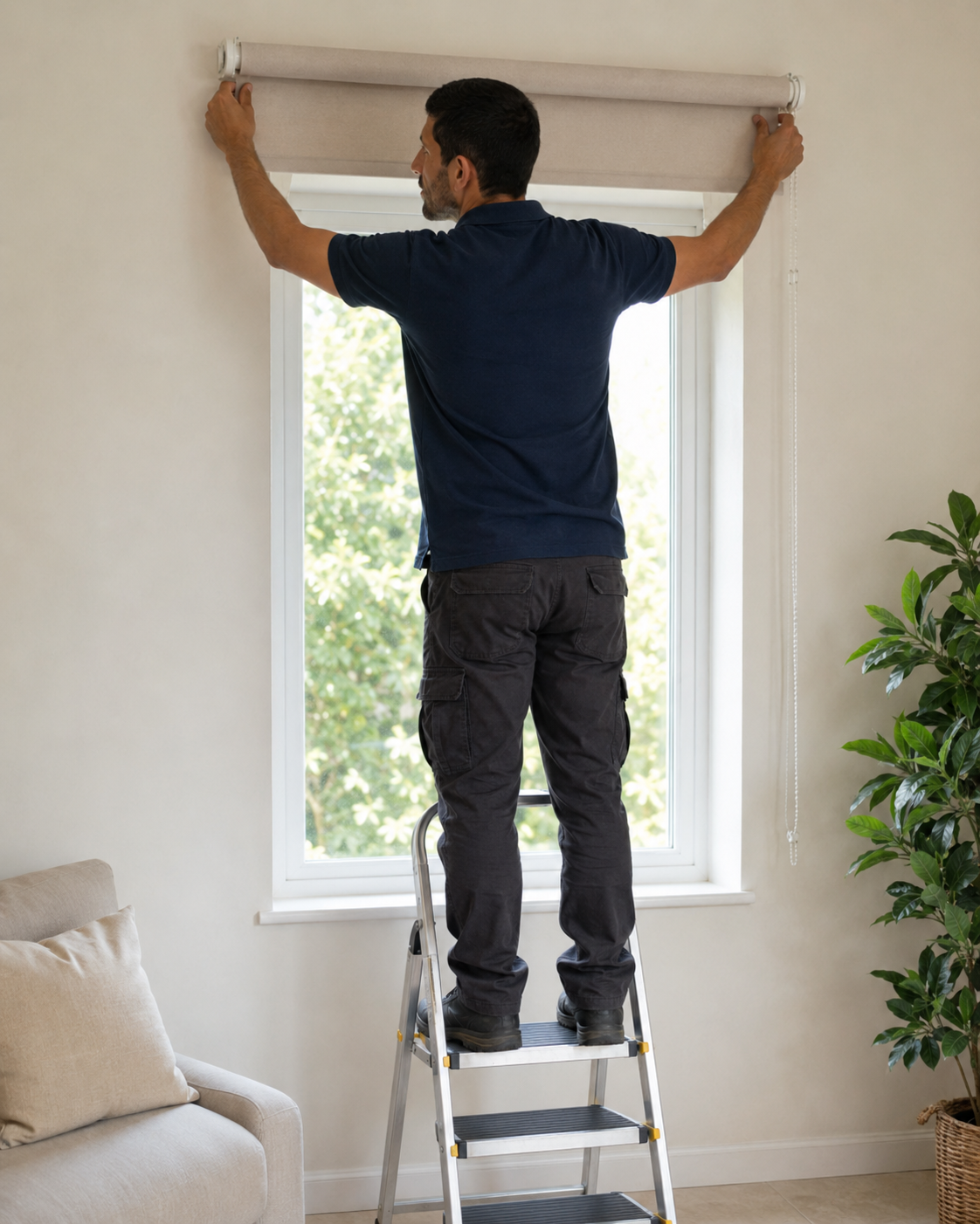 Fran instalando un estor en una vivienda de Alicante