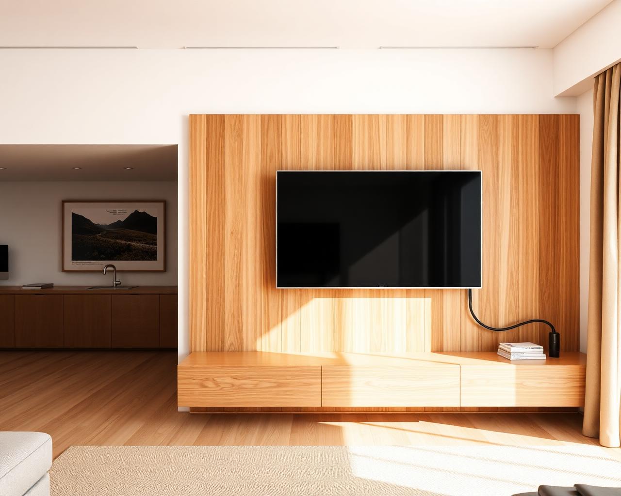 Televisión colgada sobre un revestimiento de madera en Murcia